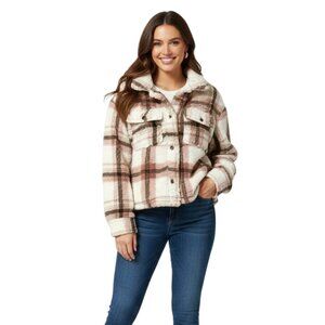 NWT Cozy Plaid Sherpa Shacket Jacket Cream Pink Brown Size Large Fall Winter